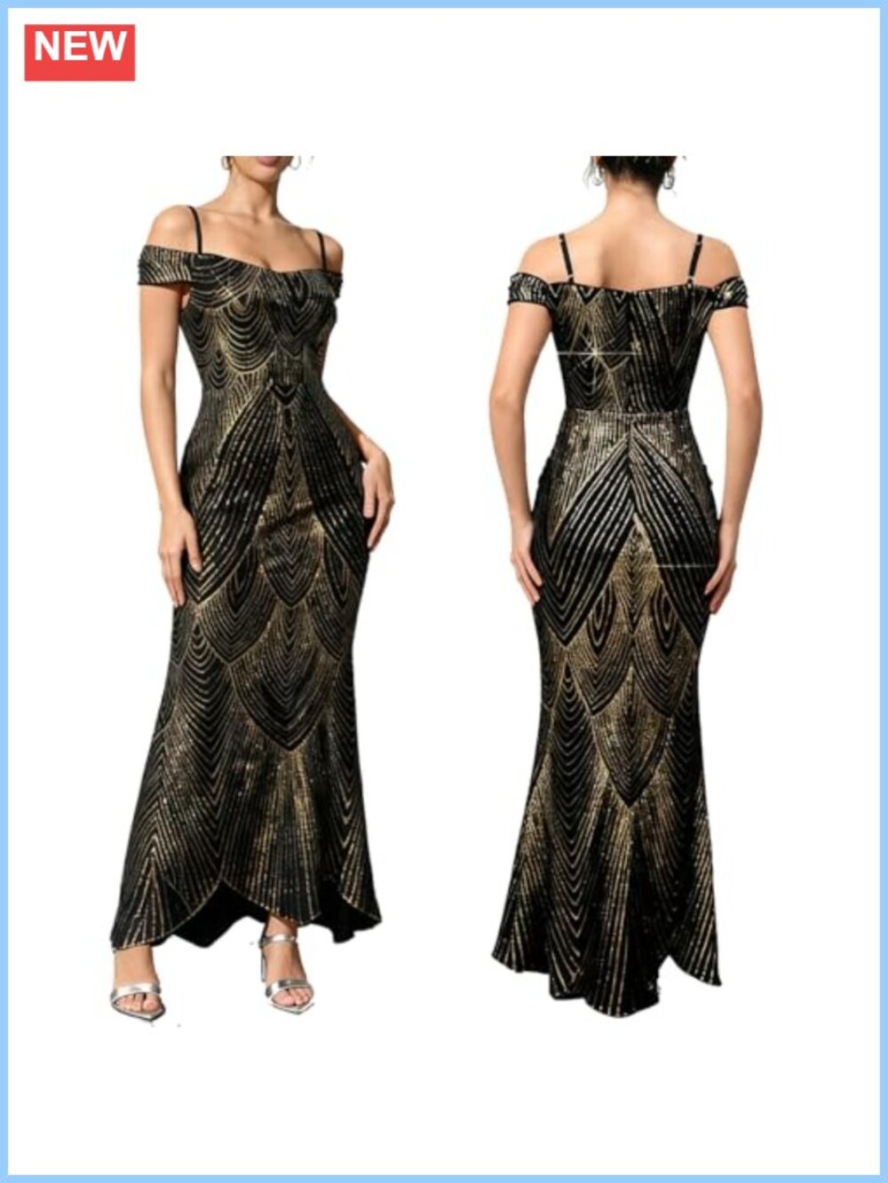 Off Shoulder Sequin Prom Dress Spaghetti Strap Floor Length Gown